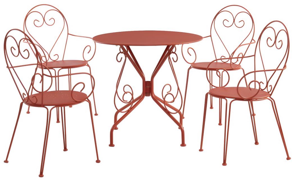 Terracotta metalen tuinset met 1 tafel en 4 stapelbare stoelen - GUERMANTES.