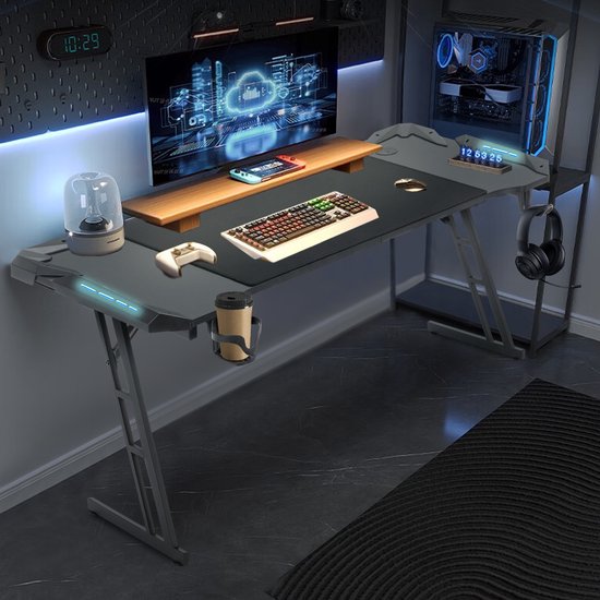 160 x 60 cm, Gamingtafel, led, gamingbureau, stabiele computertafel, pc-tafel, zwart, met bekerhouder en koolstofvezelcoating, 2 openingen voor kabel, gamertafel, gamingtafel, bureau, met led
