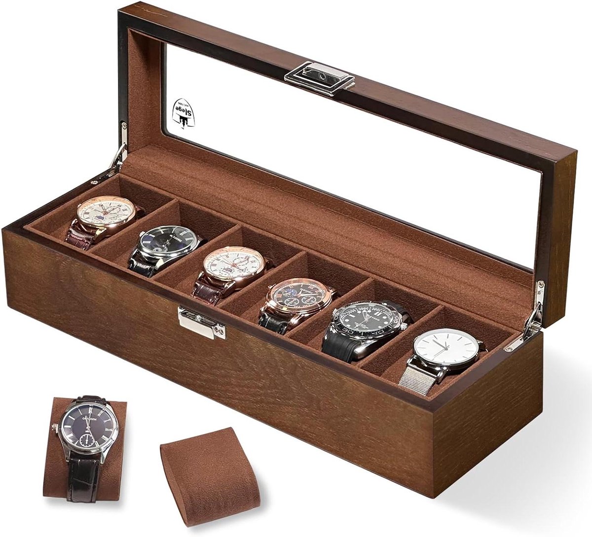 Elegante Houten Horlogedoos - Opslag voor 6 Horloges met Glazen Deksel - Geschikt voor Mannen en Vrouwen - Sieradendoos - Horlogekelder - Horlogehouder - Geschenk (Bruin)