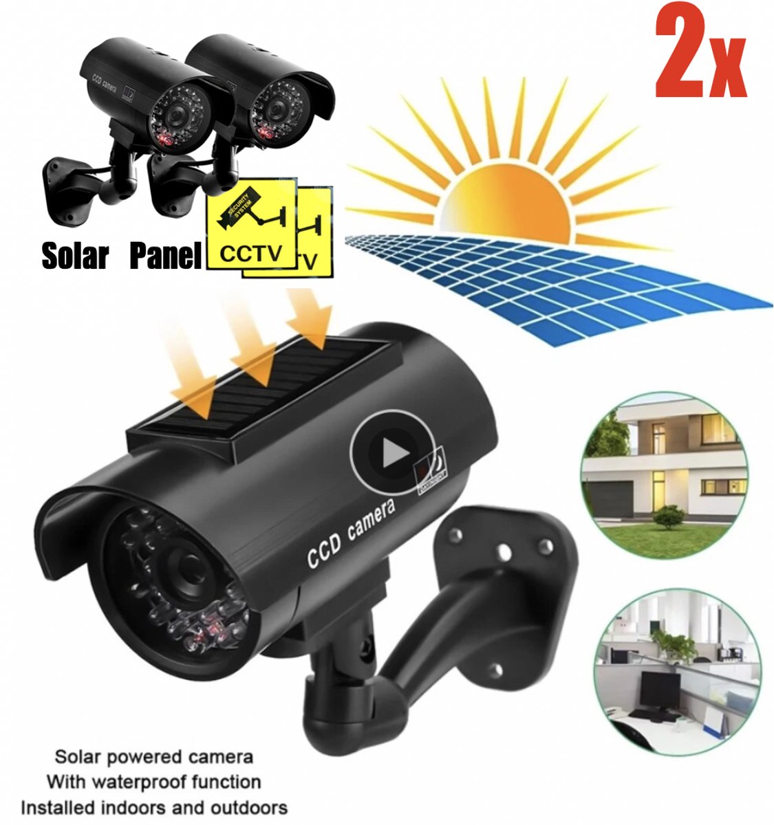 Nep Zonne-Energie Dummy Camera - Fake camera - Nep camera met solar panel - Outdoor Nepcamera met rood knipperend led indicator – Beveiligingscamera 2pcs