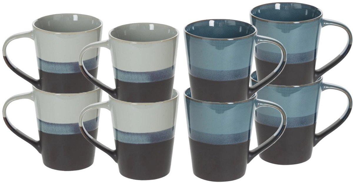 Secret de Gourmet Koffiemokken Lagune - 8x stuks - Keramiek - blauw/grijs - 360 ml - 9 x 10 cm - 2 kleur varianten in een set