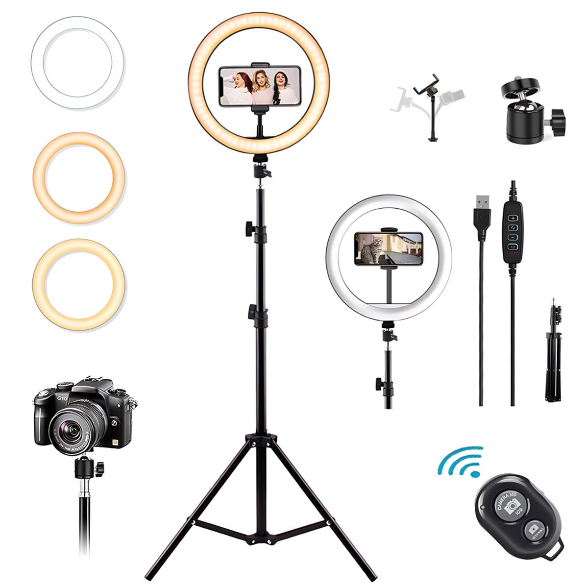Ringlamp Met Statief - Professionele Make-up Verlichting - Instelbare Helderheid & Kleur - Voor Foto & Video - Voor Content Creators - Zwart - 160cm - 1 Set