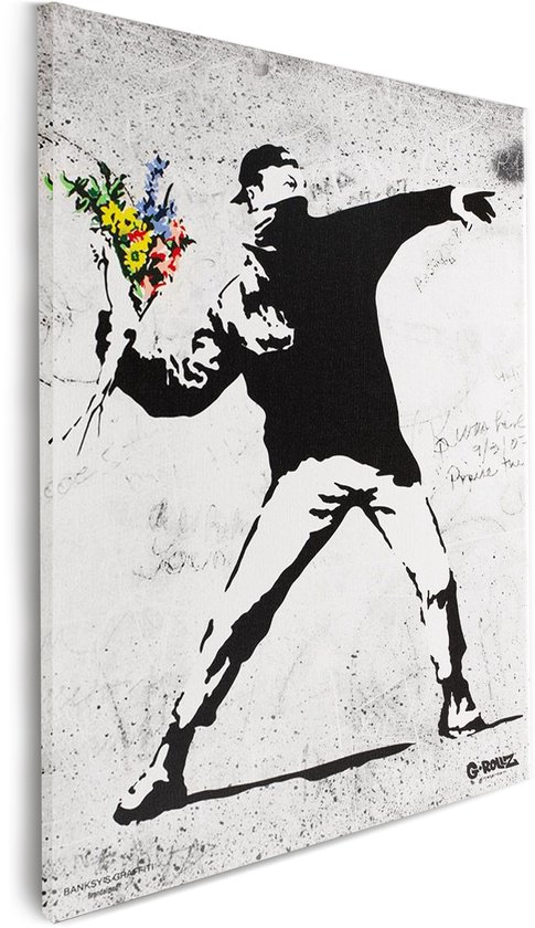 Banksy Graffiti - Flower Thrower - Premium Canvas Print 48x67,5 cm - Wanddecoratie
