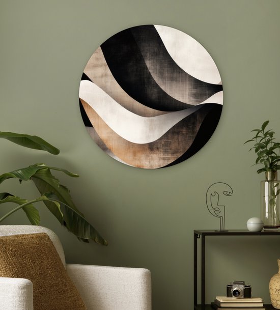 WallCircle® Wandcirkel 60x60 cm - Muurcirkel Abstract - Golven - Zwart - Verweerd - Muurdecoratie woonkamer - Wanddecoratie slaapkamer - Kamer decoratie accessoires - Ronde schilderijen