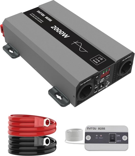 Omvormer 12V naar 230V Zuivere Sinus 2000W met LCD Scherm en USB-Poort voor Thuis en Camper