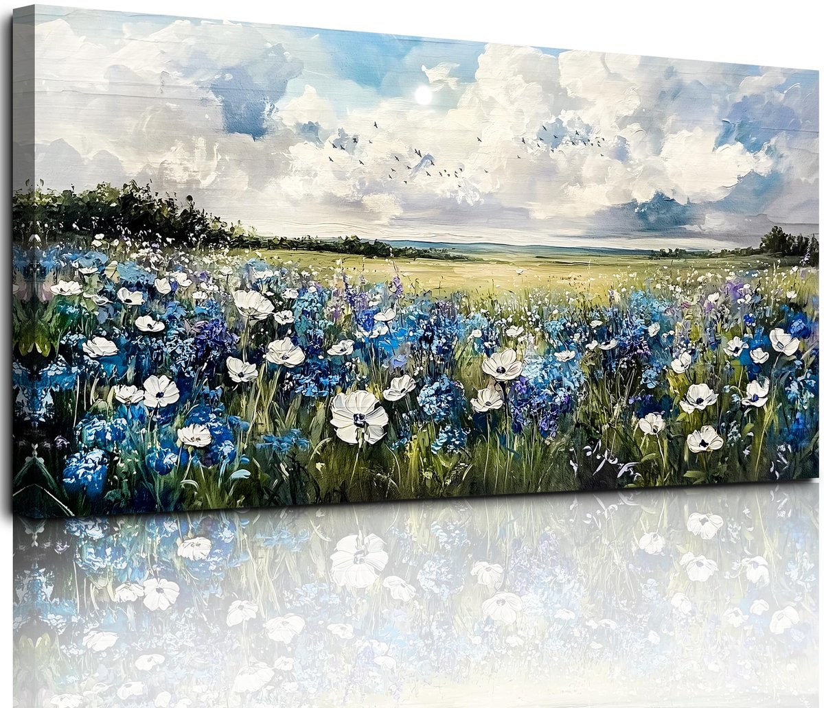 Unyqoos Verbluffende Grote Canvas Wanddecoratie met Blauwe Bloemenzee voor Elke Kamer