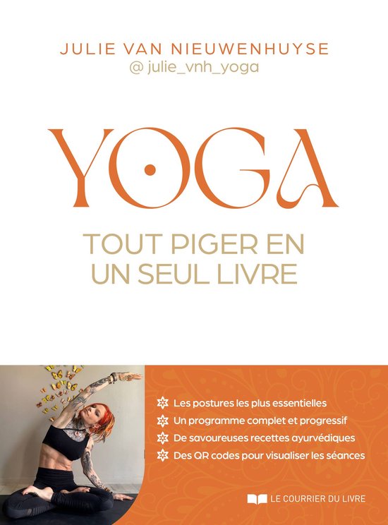 Couverture de livre avec texte 'Yoga, tout piger en un seul livre' et une femme en pose de yoga.