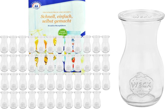Set van 48 Weck potten 290ml sapfles met 48 glazen deksels incl. geleermagie receptenboekje van Diamantzucker
