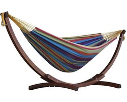 Vivere Double Katoenen Hangmat met Massief Houten Standaard - Tropical