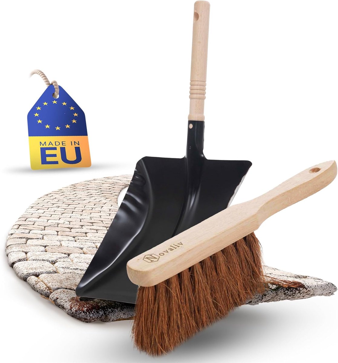 2-delige stoffer en blik set COCONUT BRISTLES handborstel stoffer en blik set metaal zwart geverfd stoffer en blik bezem zachte borstelharen handbezem kokosvezel handveegset stoffer en blik set stoffer en blik borstel en blik