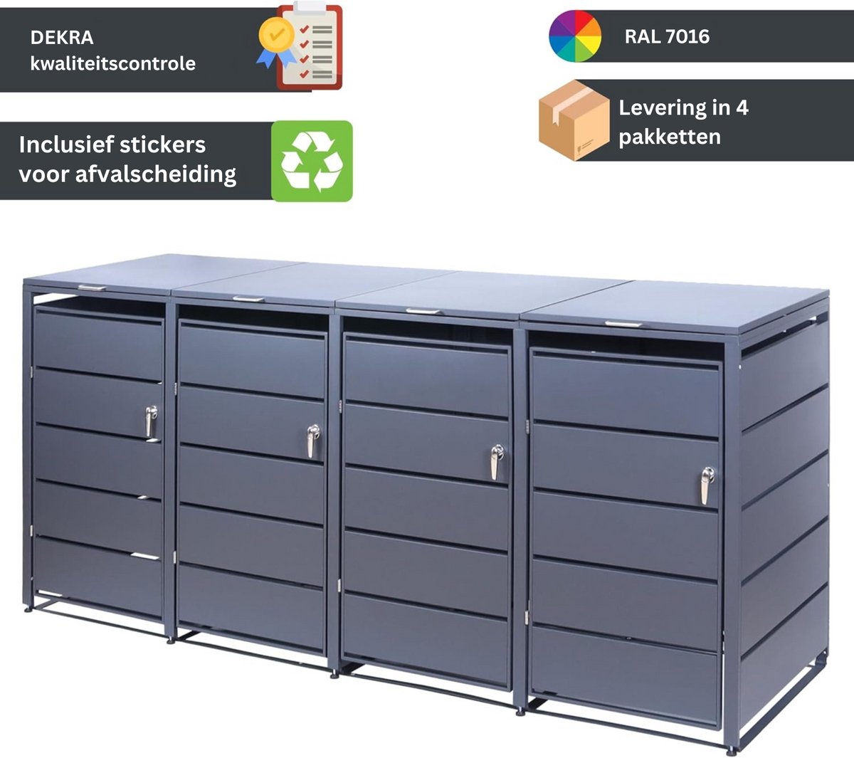 Albatros afvalcontainerbox voor 4 containers | tot 240 liter | antracietgrijs RAL 7016 | verzinkt staal | premium dempers | stickerset | weerbestendig | verstelbare poten | deurklink met slot | tuinbox — afbeelding 8