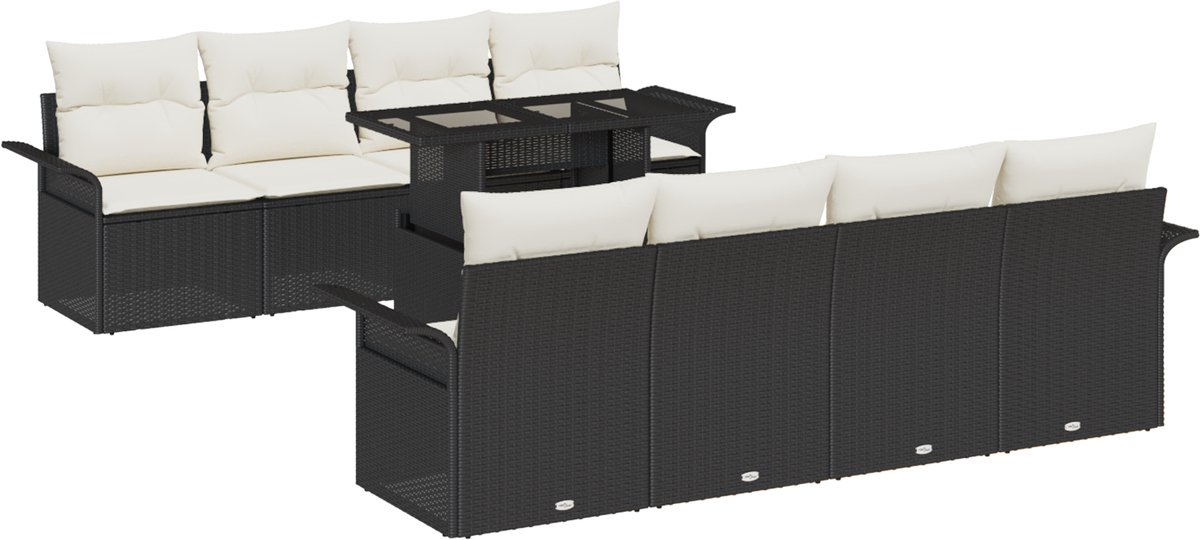 vidaXL - Tuinbank - Set - met - kussen - met - opslag - 9 - pcs - Zwart - Poly - rattan