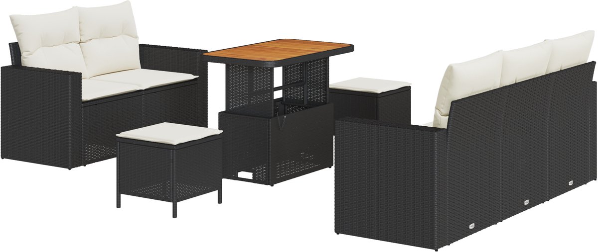 vidaXL - Tuinbank - Set - met - kussen - 8 - pcs - Zwart - poly - rattan