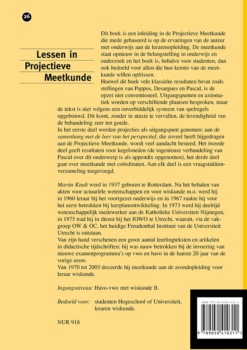 Couverture de livre 'Lessen in Projectieve Meetkunde', avec texte sur la géométrie projective et l'auteur Martin Kindt.