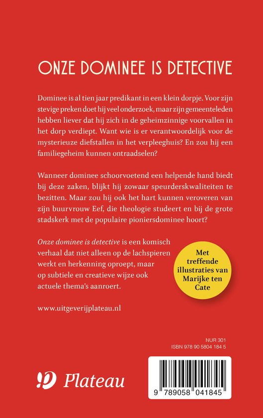 Achterkant van het boek 'Onze dominee is detective' met de samenvatting, uitgever, ISBN en barcode.