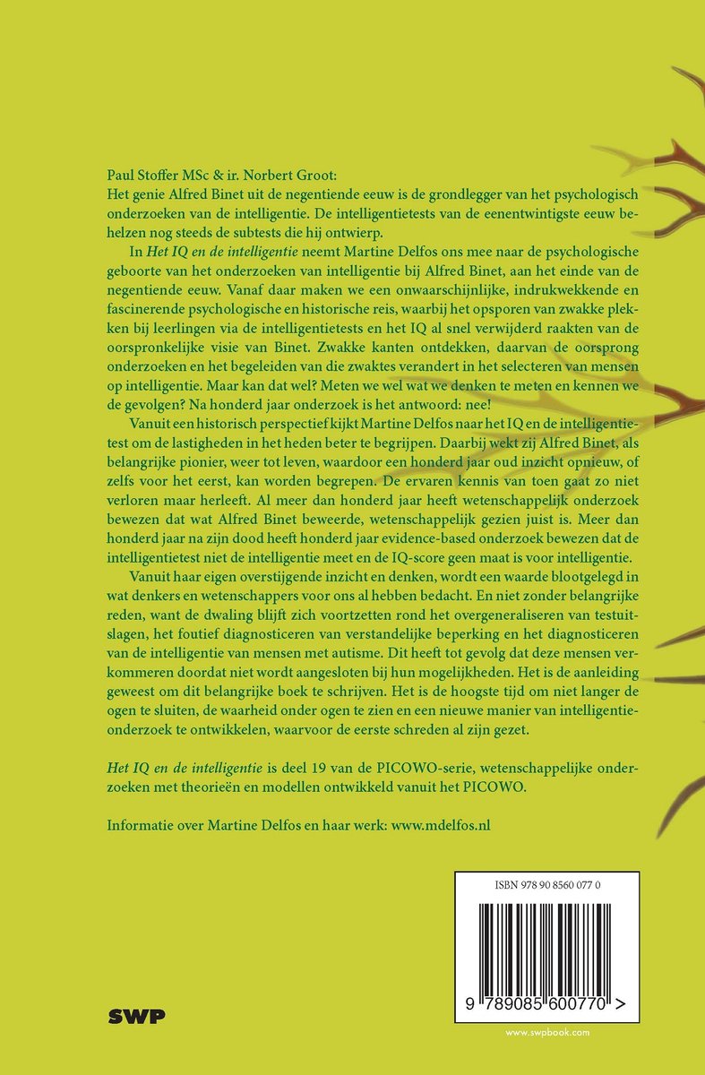 Boekcover met tekst over "Het IQ en de intelligentie". Rechtsonder een QR-code en ISBN-nummer.