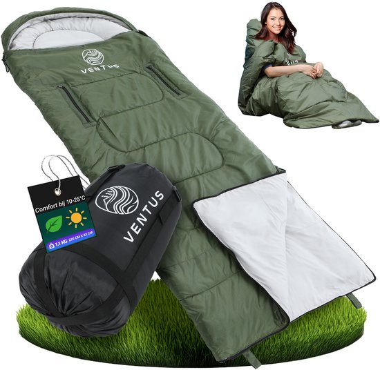 Ventus Sac de Couchage – 220 x 83 cm – Zone de Confort 10 à 25 °C – Avec Sac de Compression – Adulte et Enfant – Sleeping Bag – Slaapzak – Léger – Jumelable 1 ou 2 Personnes – Idéal pour le Camping – Vert