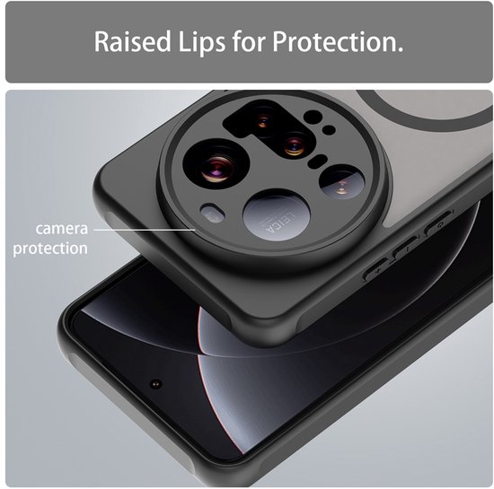 Close-up van telefoonhoes met 'Raised Lips for Protection' tekst en camera bescherming.