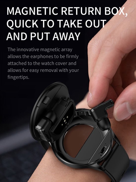 Een hand haalt een zwart oordopje uit het magnetische compartiment van een zwarte smartwatch aan een pols.