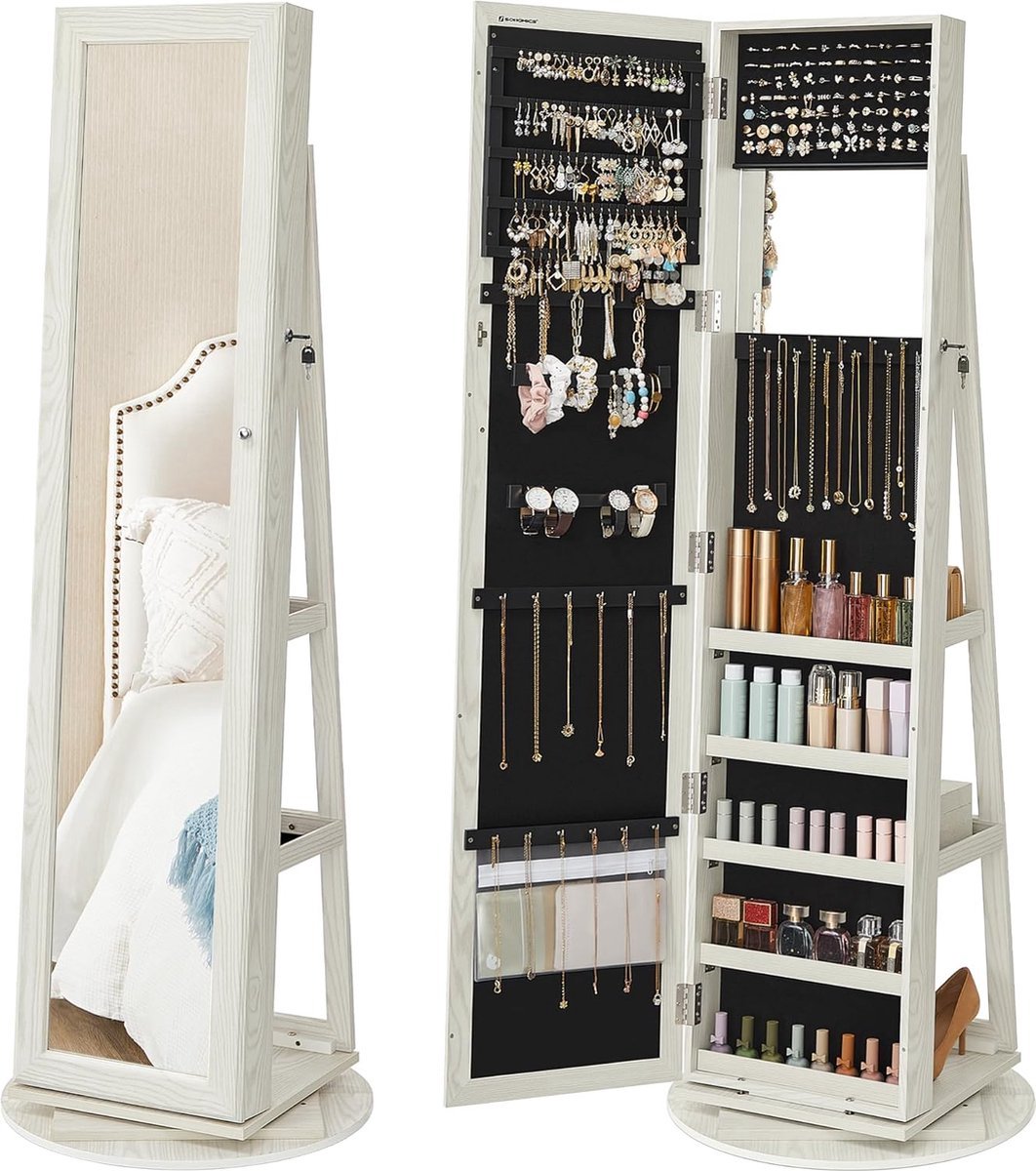 Conway Living® - Staande Passpiegel - Sieradenkast Met Spiegel – 360° Draaibare Spiegelkast met Slot - Make up Spiegel