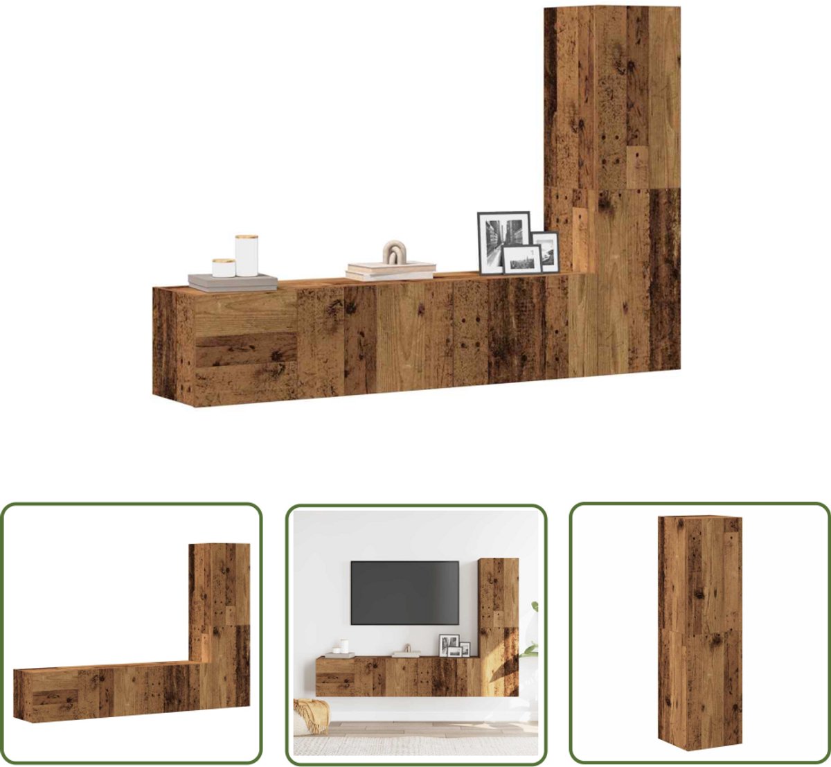 vidaXL Kastje - Tv Kast - Tv-wandkasten 3 st bewerkt hout oud houtkleurig - Media Kast - Houten Kast - Wandkast