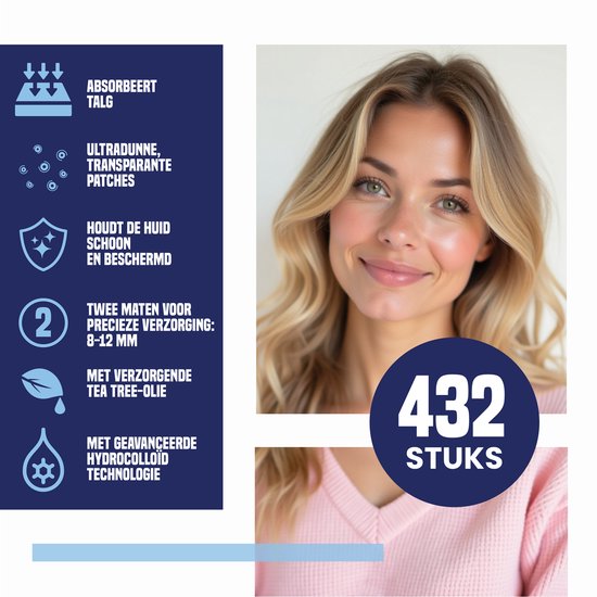 Model met blonde krullen lacht, 432 stuks transparante patches worden getoond.