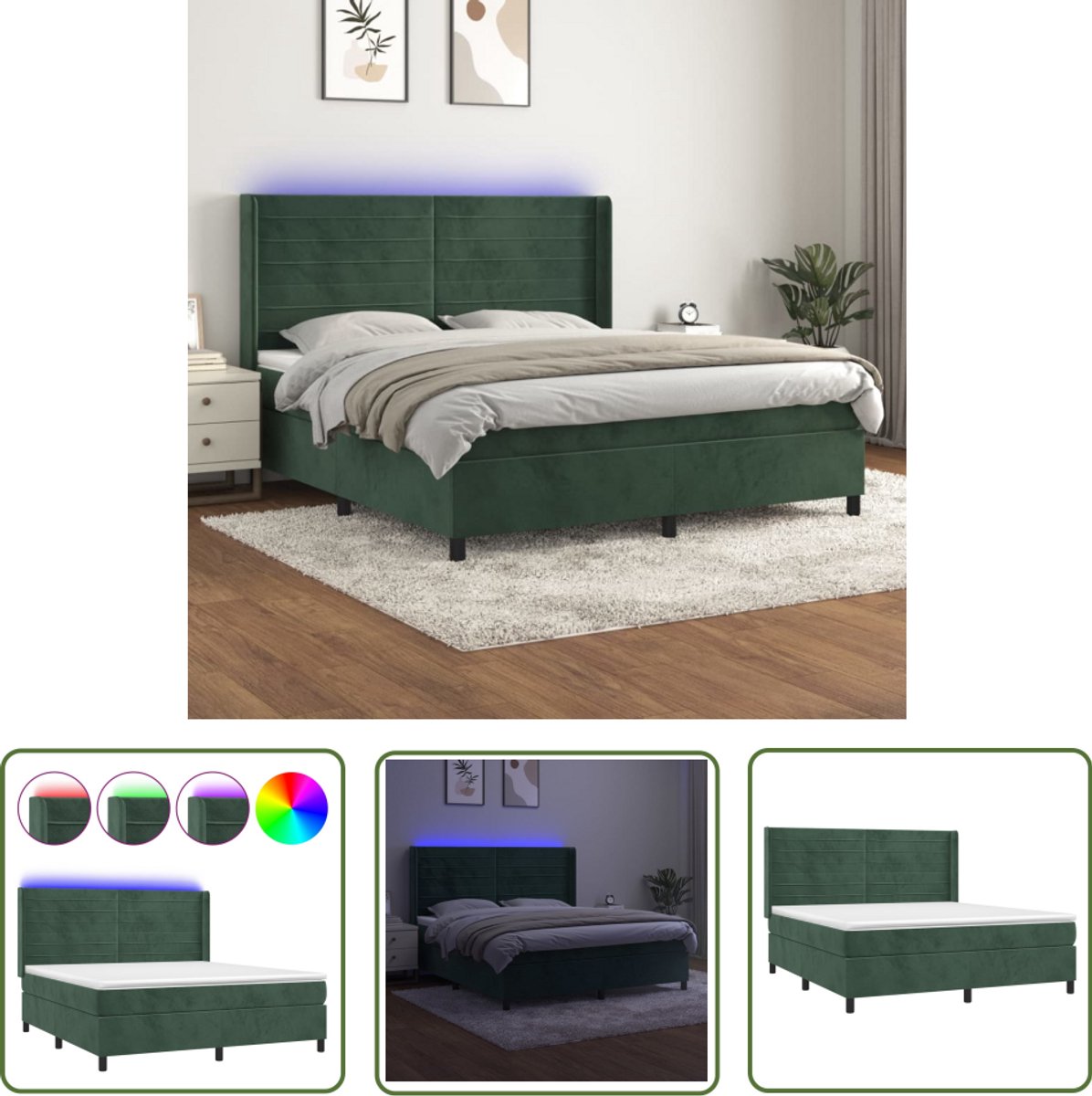 The Living Store Boxspring met matras en LED fluweel donkergroen 160x200 cm - Boxspring - Slaapcomfort - Led Lamp - Fluweel - Tweepersoonsbed