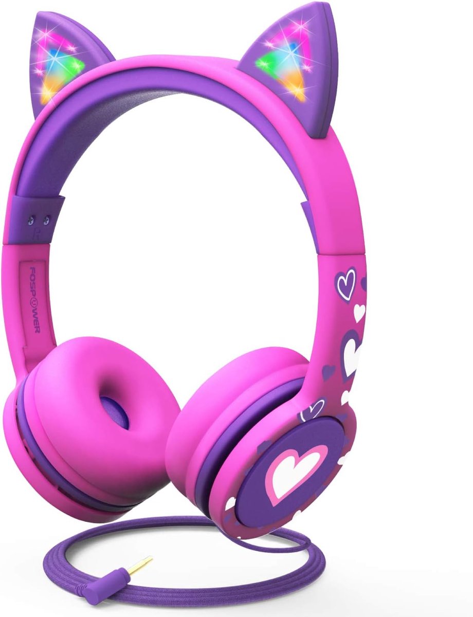 Kinderhoofdtelefoon met LED-verlichte kattenoren - 3,5 mm stereo hoofdtelefoon voor kinderen met volumebegrenzing tot 85 dB - Neon roze/paars