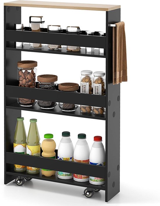 Relaxdays kitchen trolley metal, narrow, 4 floors, storage trolley for office, rack with wheels, HxWxD: 81x25x50cm, black