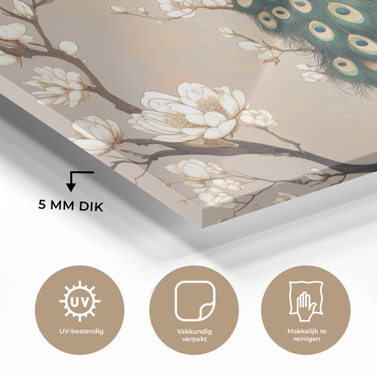MuchoWow® Tableau sur verre 120x80 cm - Tableau sur verre acrylique - Paon - Branche - Fleurs - Photo sur verre - Décoration murale salon - Décoration murale chambre - Peintures
