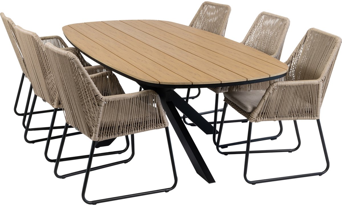 7-delige tuinset | 6 Mona tuinstoelen (Sand) | Tuintafel Cadiz 240x115cm (Black)