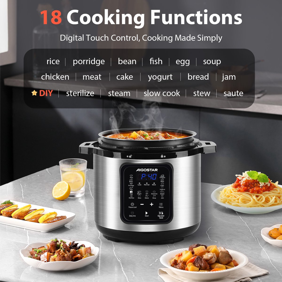 Afbeelding 3 van Aigostar Derrick - Pressure Multicooker - 6 Liter - Snelkookpan - Slow Cooker - Rijstkoker - Stomer