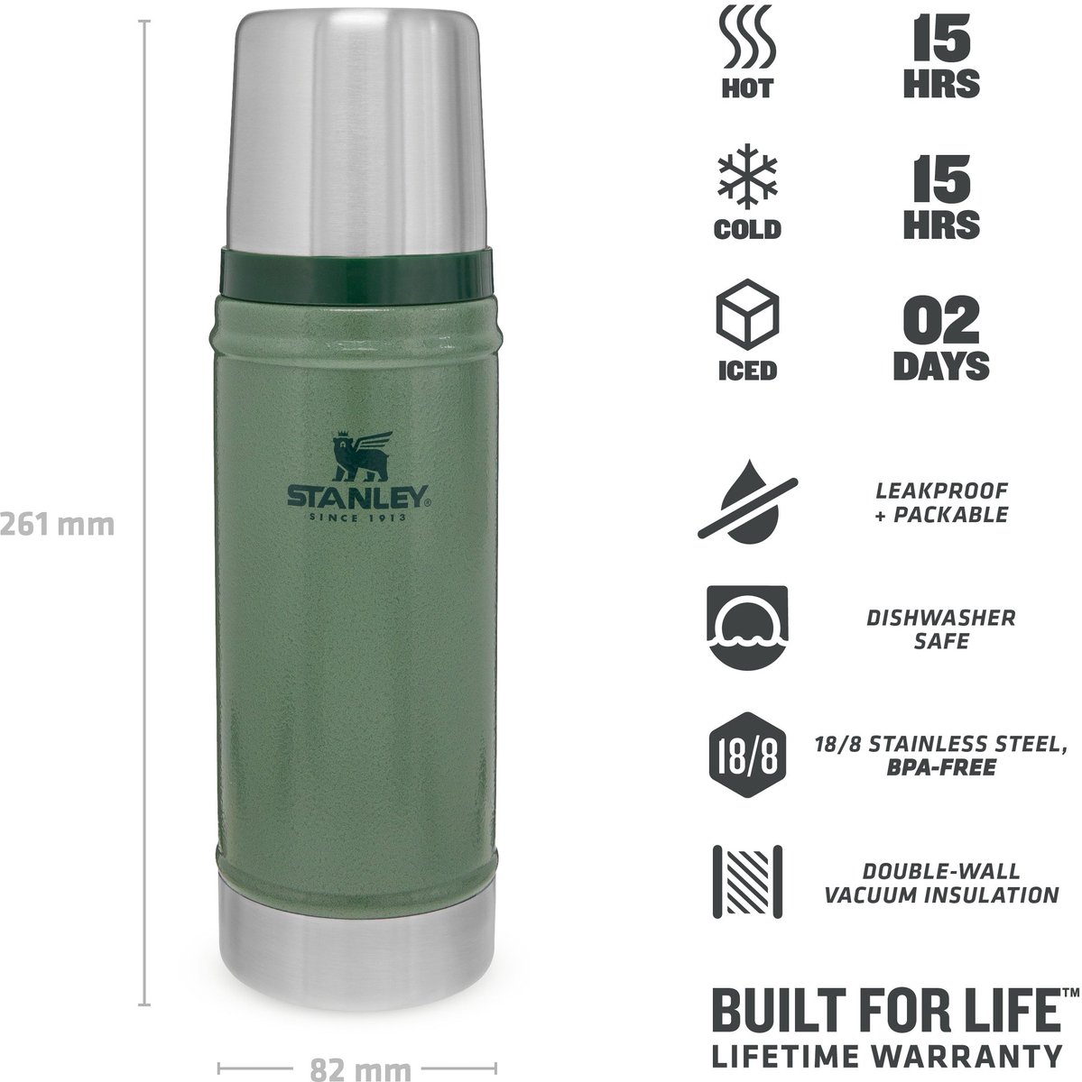 Stanley Classic Legendary Thermosfles 0.47L - Houdt 15 Uur Warm Of Koud - Lekvrij - Vaatwasserbestendig - BPA-Vrij - Voor Koffie, Thee en Meer - Roestvrijstalen Thermoskan - Hammertone Green – foto 3