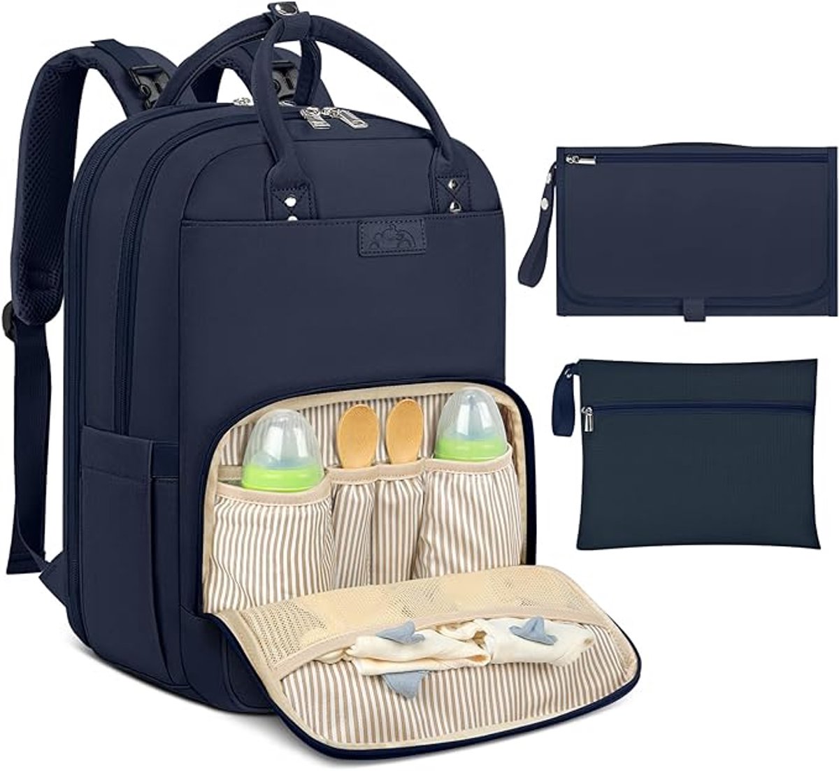 Famanu - Luierrugzak voor baby's, grote luiertas, babytas, rugzak met kinderwagenriemen en luieronderlegger, voor onderweg, blauw