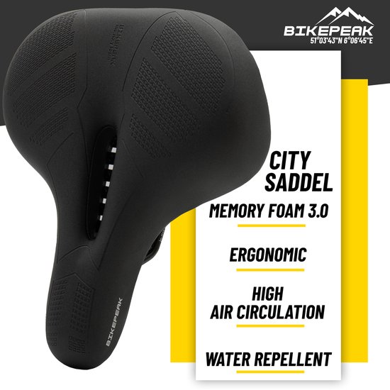 Zwart memory foam fietszadel met rasterpatroon, met tekst 'CITY SADDEL', 'MEMORY FOAM 3.0', 'ERGONOMIC', 'HIGH AIR CIRCULATION', 'WATER REPELLENT'.