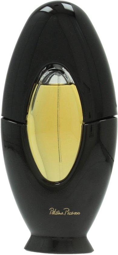Zwarte ovale parfumfles met gele vloeistof en zilverkleurige accenten. Paloma Picasso.