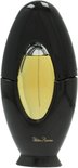 Zwarte ovale parfumfles met gele vloeistof en zilverkleurige accenten. Paloma Picasso.