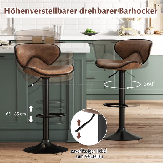 Barstoel draaibare zitting metaal en bruin kunstleer (set van 2
