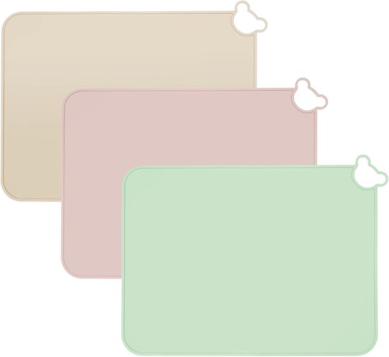 Lot de 3 sets de table en silicone antidérapants pour bébé - Beige, vert et rose - 30 x 40 cm - Pour les tout-petits et les enfants d'âge préscolaire - Pour la table à manger et le restaurant - Pour les bébés