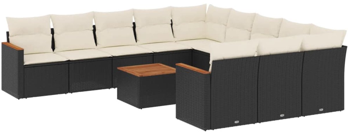 Zwarte poly rattan loungeset met kussens - The Living Store.