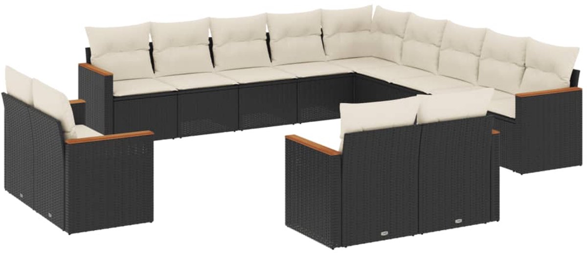 The Living Store 13-delige Loungeset met kussens poly rattan zwart - Loungeset - Tuinset - Lounge - Outdoor Furniture - Tuinmeubelen