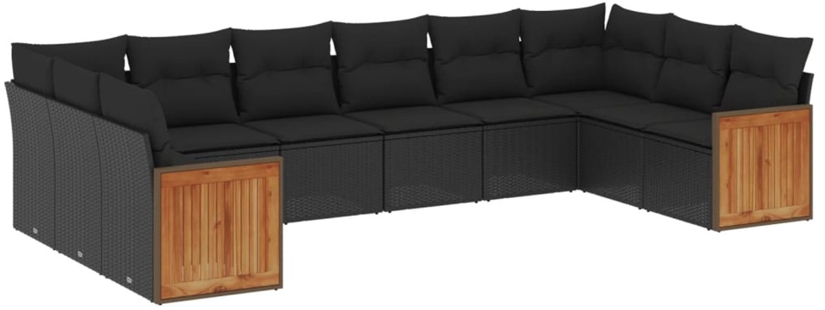 The Living Store 10-delige Loungeset met kussens poly rattan zwart - Loungebank - Tuinset - Lounge Set - Buitendecoratie - Tuinmeubels