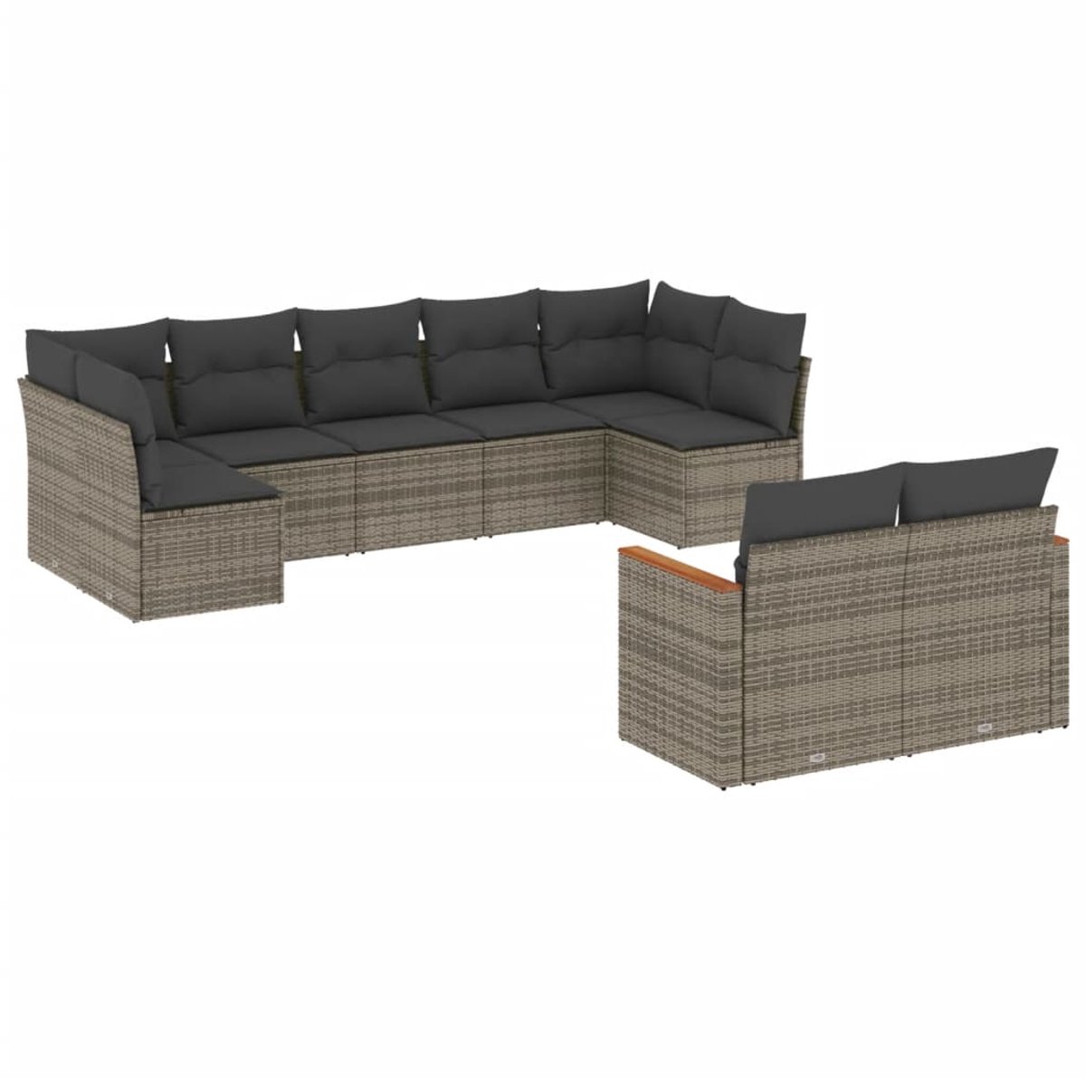 The Living Store 9-delige Loungeset met kussens poly rattan grijs - Loungebank - Tuinset - Lounge Set - Tuinmeubels - Outdoor Furniture