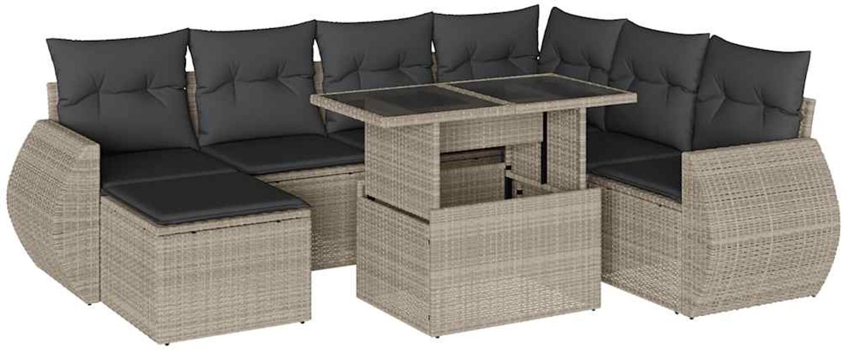 The Living Store 8-delige Loungeset met kussens poly rattan lichtgrijs - Tuinlounge - Lounge Set - Loungebank - Buitendining - Poly Rattan