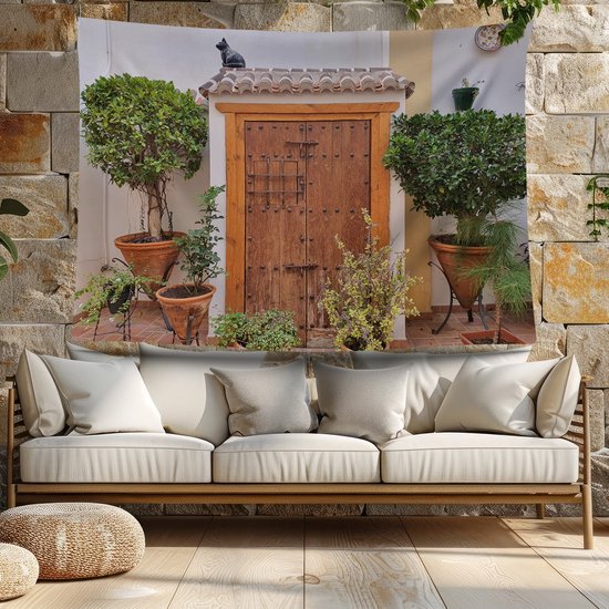 Ulticool - Deur Planten Kat - Wandkleed Poster - 200x150 cm - Groot wandtapijt - Tuinposter Tapestry - Schilderij Decoratie Tuin Versiering Accessoire voor zowel buiten als Muurdecoratie in woonkamer