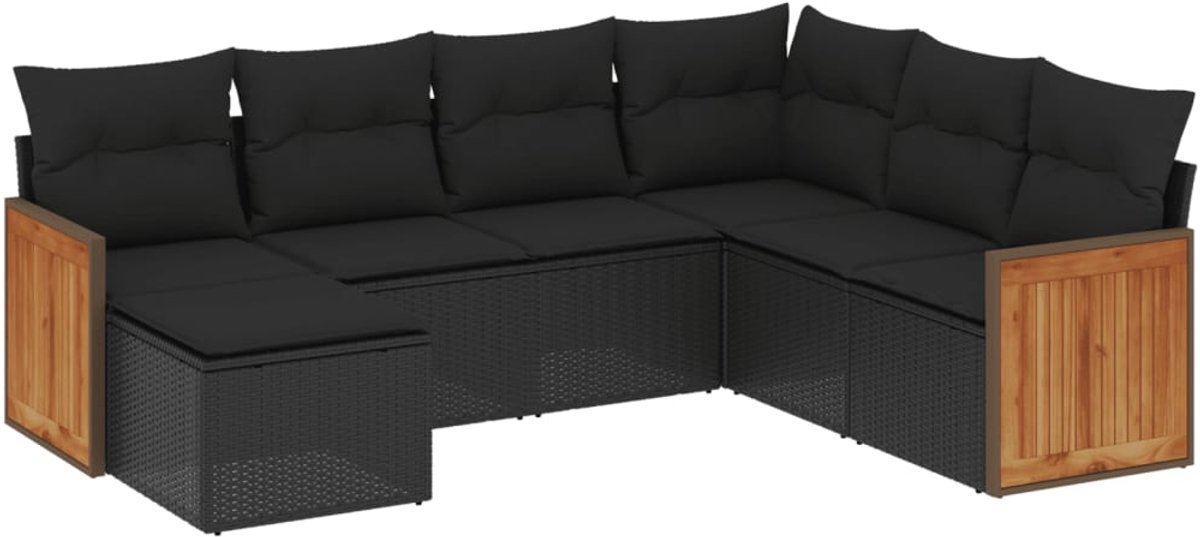 The Living Store 7-delige Loungeset met kussens poly rattan zwart - Loungeset - Lounge - Tuinmeubels - Buitendecoratie - Pe Rattan