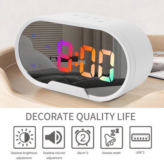 Digitale led-wekker met groot 5,5 inch display en spiegeloppervlak - Instelbaar alarm met USB-poorten — afbeelding 4