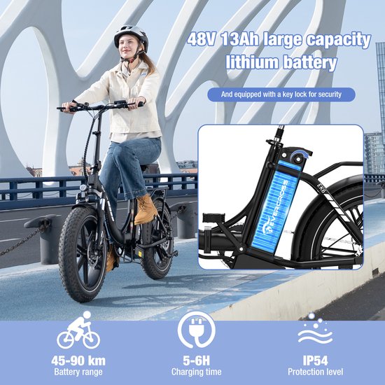 EVERCROSS EK6 Elektrische Fiets - Opvouwbare E-bike - 20 Inch Fatbike - 13AH - 25km/h - 7 Versnellingen - zwart van EVERCROSS — afbeelding 4
