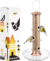 Mangeoire à oiseaux suspendue d'extérieur avec piège à graines, mangeoire à oiseaux cardinal à 6 ports avec finition cuivre brossé 35 cm (graines non incluses)