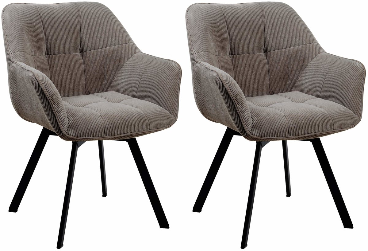 CLP Jordi Set van 2 eetkamerstoelen - Met armleuning - Metaal frame - Ribstof/bruin